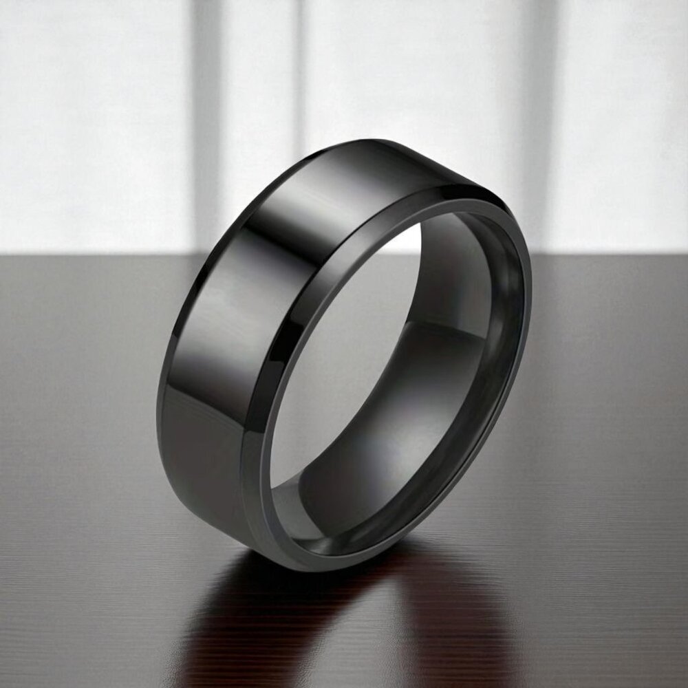 Black Polished Stainless Steel Beveled Band Ring